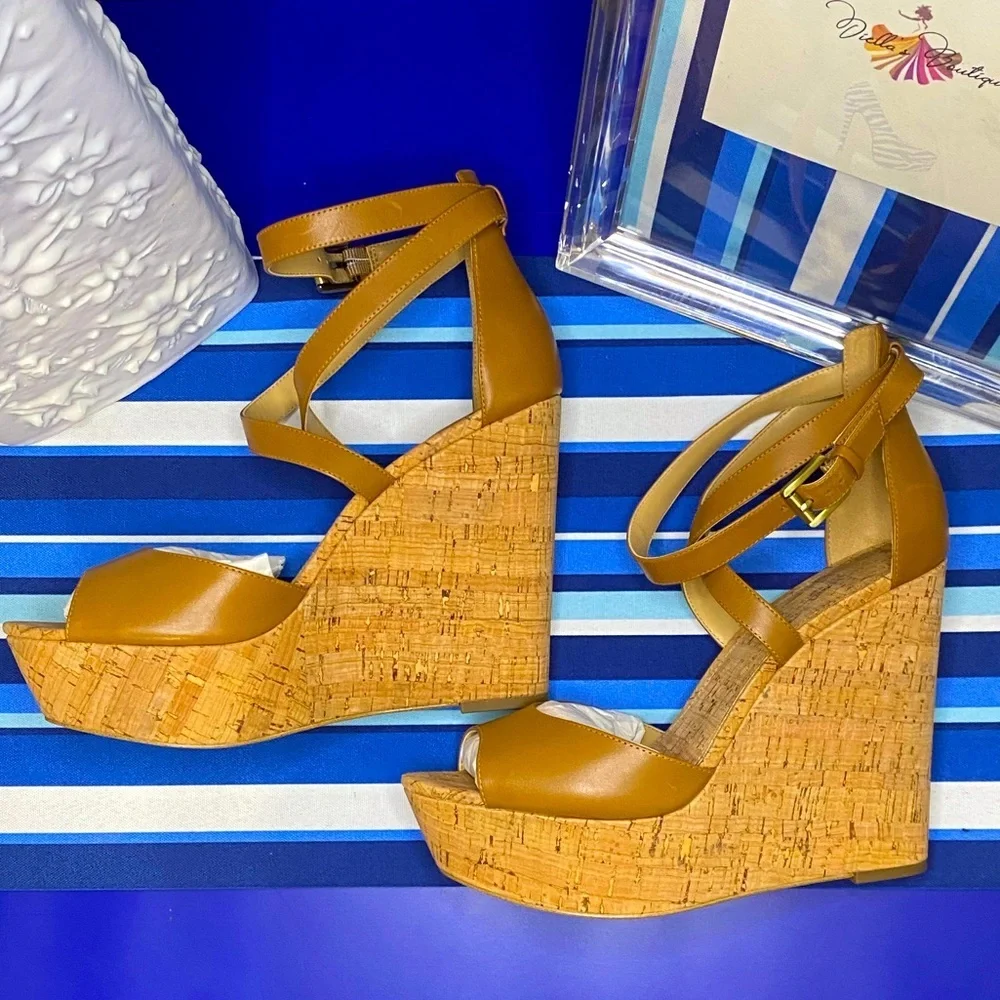 Michael Kors brown cork platform wedge strappy ankle high heel sandals Sz 10 - Picture 15 of 15